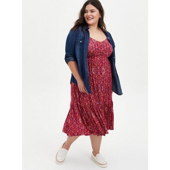 Torrid Midi Super Soft Tiered Dress Multi Medallion Magenta Purple Cream 10 00 - Picture 2 of 10